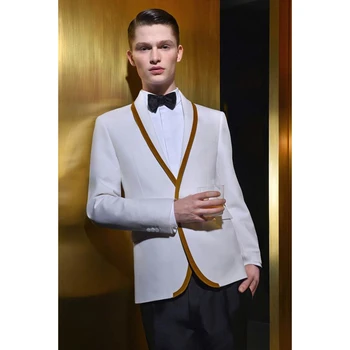 

Custom White Gold Trim Tuxedo jacket Prom Men Suit Slim Fit Custom 2 Piece Suits Groom Blazers Terno Masculino (Jacket+Pants)