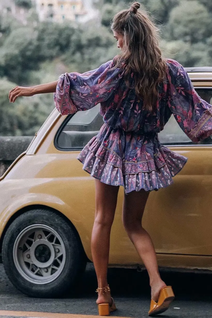 Bohemian maxi purple dress ladies tassel chic floral print bat sleeve beach summer boho dress vestidos new arrivals