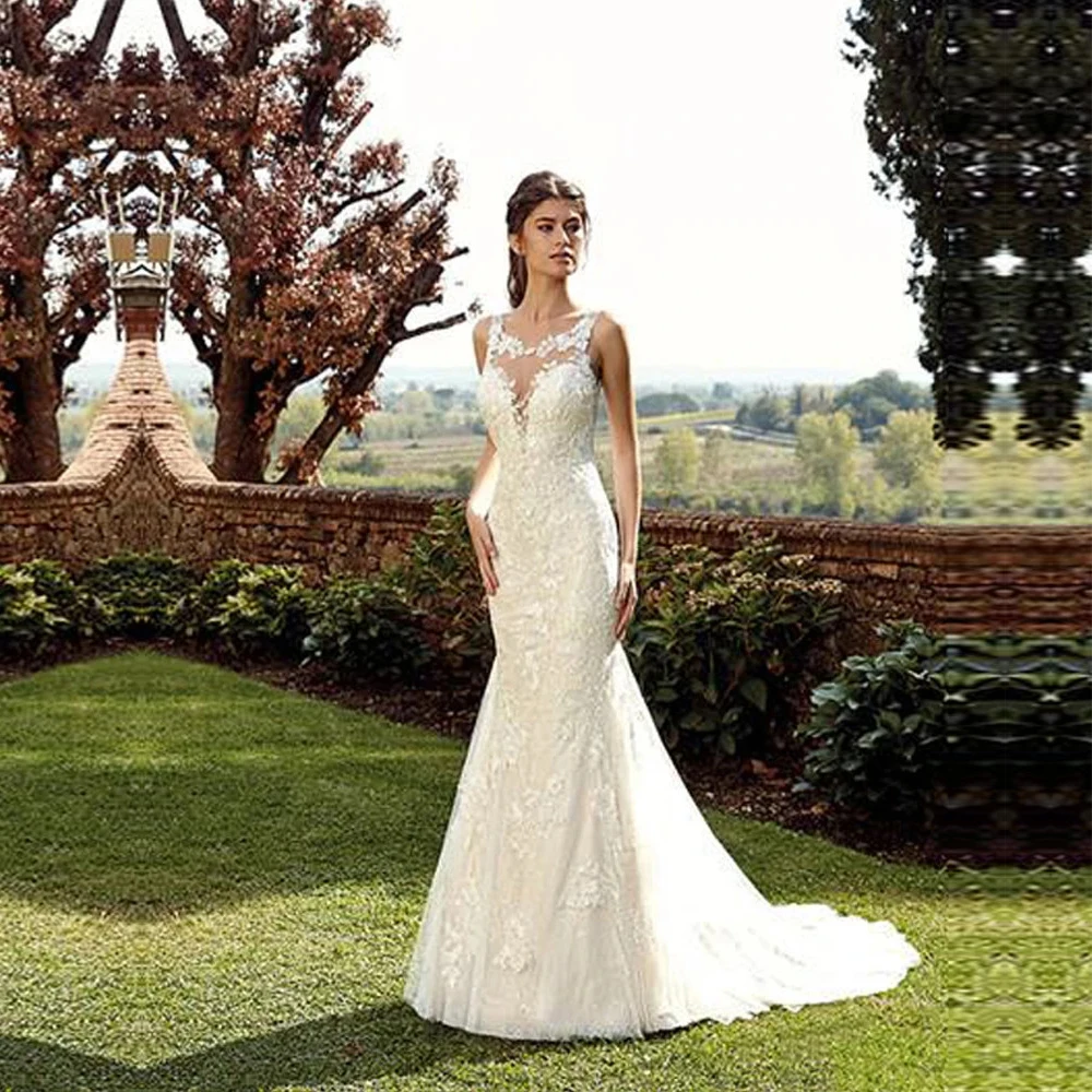 

Mermaid Sexy Wedding Dresses 2020 Backless O Neck Summer Beach Wedding Gowns lace Applique Boho Bride Dress Vestidos
