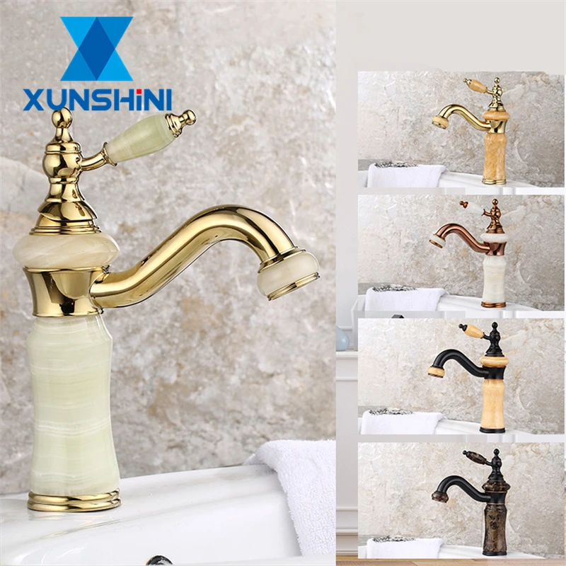 

XUNSHINI European Style Bathroom Washbasin Faucet Gold Black White Brass Tap Light luxury Jade Hot And Cold Control Faucet