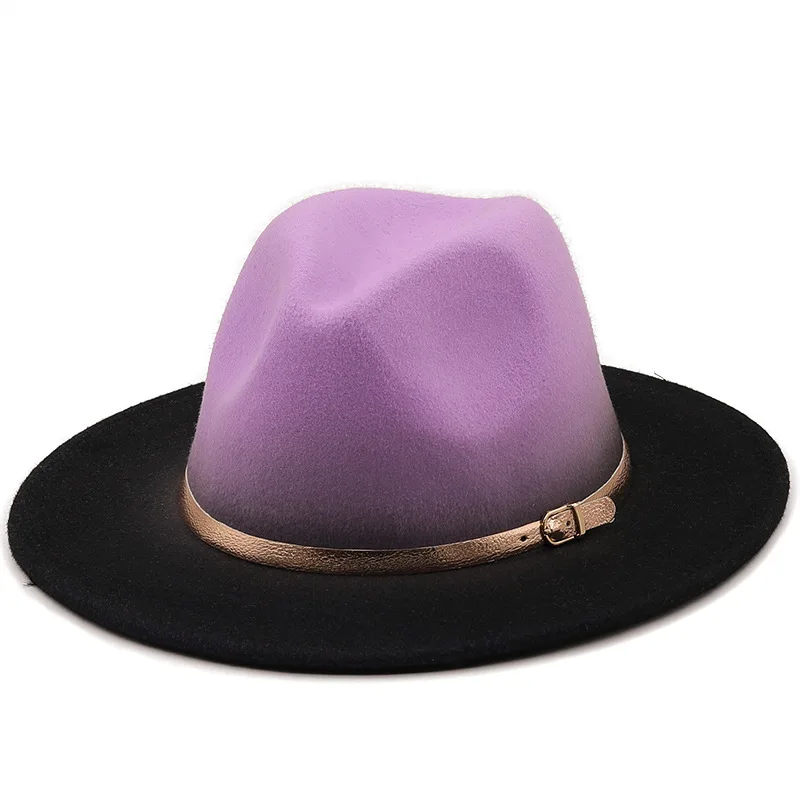 Women Patchwork Wide Brim Gradient Gold Belt Church Derby Top Hat Panama Felt Fedoras Hat Men