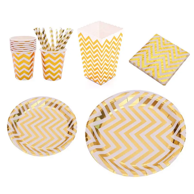 

65 pcs Hot stamping Wave stripe style Disposable Dinnerware Set Service for 8 Guest Holiday Christmas party X4YD