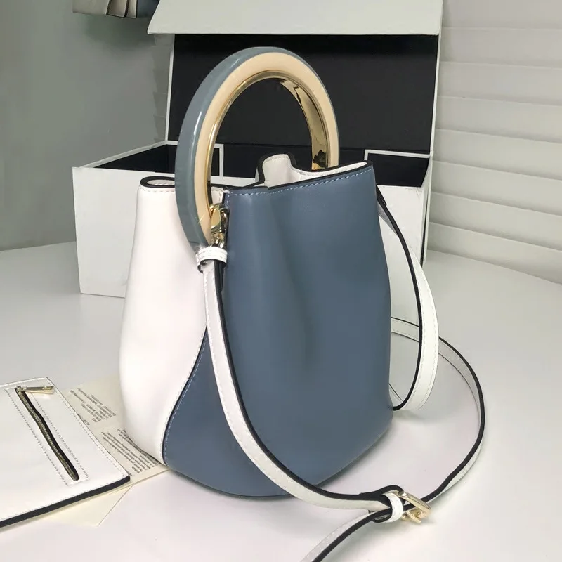 

New Korean Simple Fashionable Round Water Bucket Bag Geniune Leather Collision Color Lady Bag Handbag One Shoulder Bag