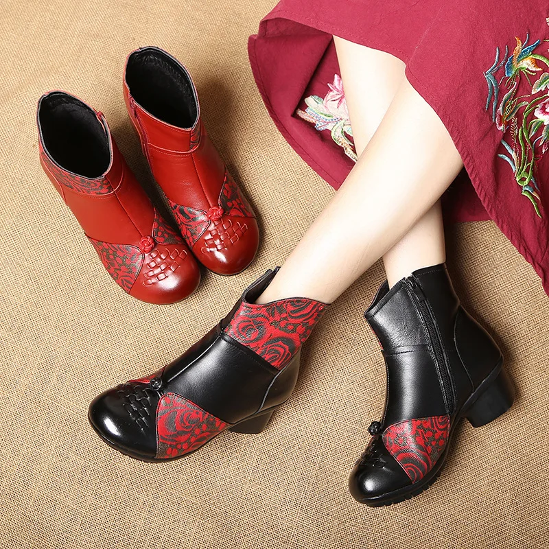 

2019 Autumn And Winter New Style Mixed Colors Anti-slip Chunky-Heel Semi-high Heeled Leather Short Boots Women's Hand-woven Ethn