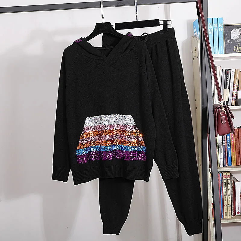 

Autumn Women Manual Sequin Hooded Black Knitted Set Long Sleeve Pullover Sweater Pencil Pants Outfits Female Casual Knit 2pc Set