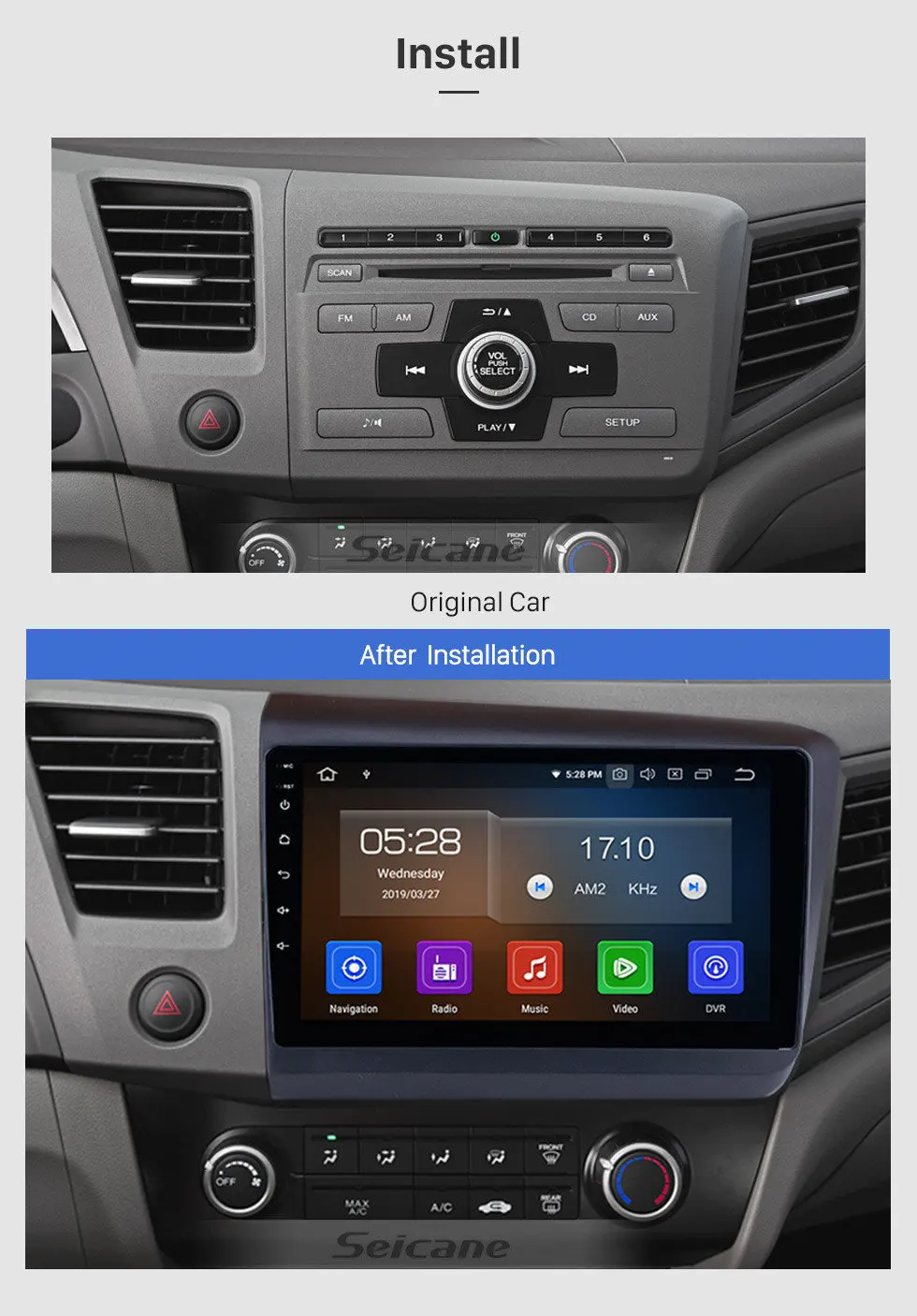 Seicane 1024*600 мультитач Android 9,0 Bluetooth gps система автомобиля радио для 2012 Honda Civic поддержка OBD2 3g WiFi 1080P DVR