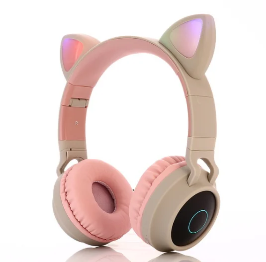 Светодиодный Bluetooth наушники с кошачьими ушками для девочек, детские наушники с Bluetooth 5,0, мигающие 3 светящиеся стерео наушники с микрофоном и оригинальной коробкой - Цвет: Grey pink