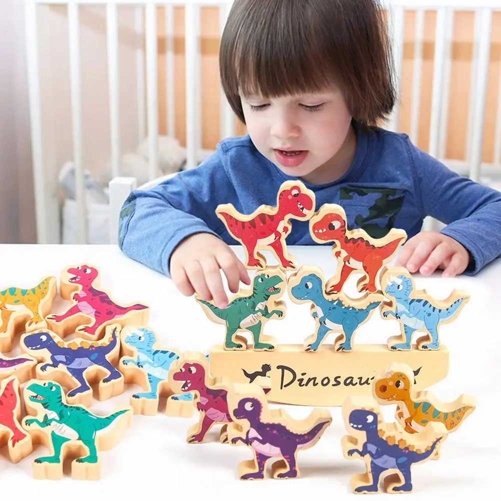 Kids Dinosaur Stacking Blocks Toys Wooden STEM Educational 