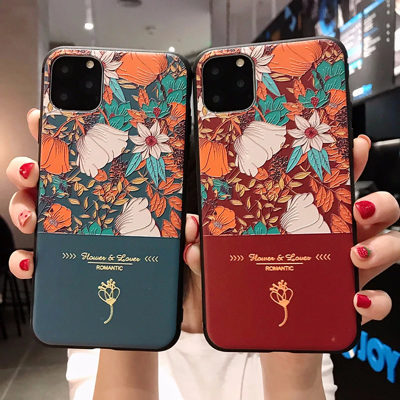 

Romantic Flower Case for iPhone 11Pro 11 Pro Max XR X XS Soft Phone Case for iPhone 8 7 6 6S Plus Floral TPU Relief Back Cover