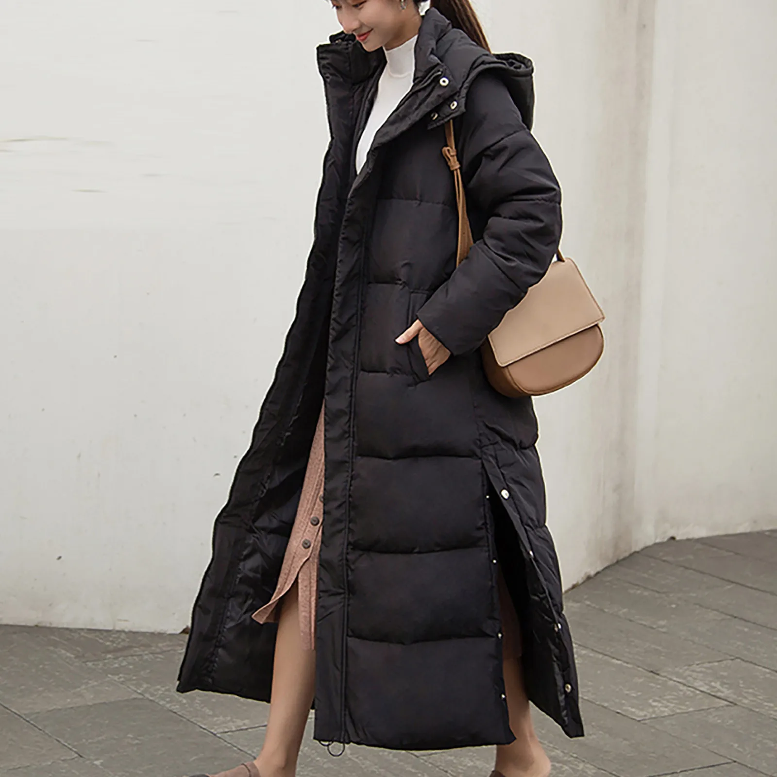 Women Fashion Long Sleeve Solid Color Hooded Long Down Cotton Jacket Winter Warm Coat Super Long Hooded Jacket Ladies Parkas 2