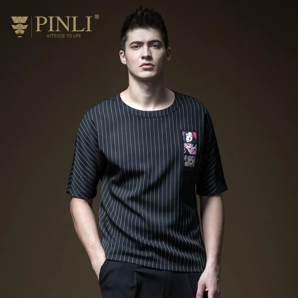 Pinli Мужская Повседневная футболка с коротким рукавом круглым вырезом и вышивкой
