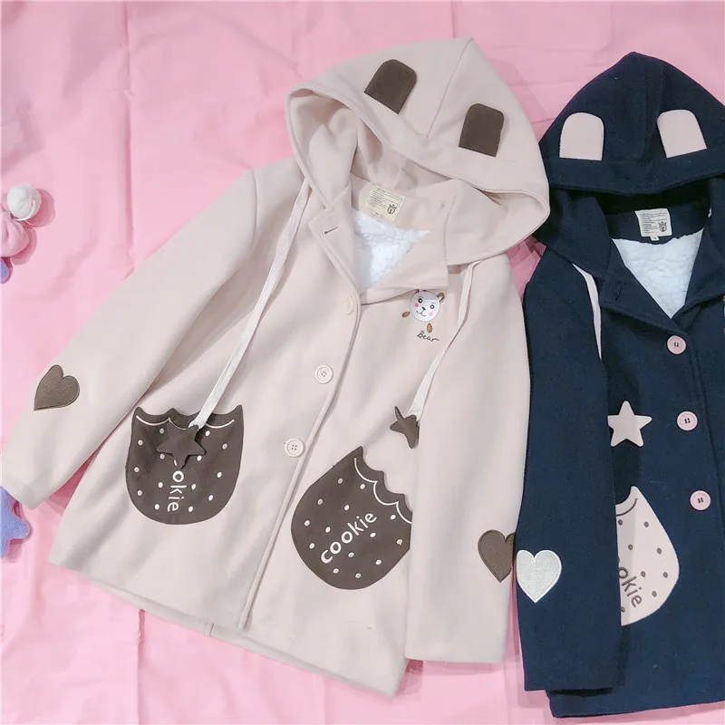 Женское зимнее японское мягкое пальто из овечьей шерсти с вышивкой в виде пентаграммы для девочек-подростков, милая верхняя одежда с длинными рукавами в студенческом стиле - Цвет: Khaki