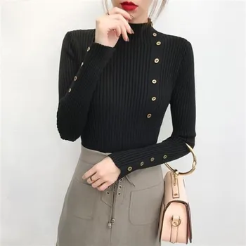 

Black Sweater Women Casual Button Decoration Sweaters Lady Fashion Turtleneck Full Sleeve Bottoming Shirt