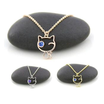 

10 Pieces Rose Gold Tiny Cat Pendant Necklaces For Women Thin Chain Blue Cyrstal Eye Animal Cat Pet Lover Couple Necklace Girls