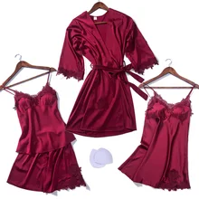 Женская домашняя одежда пижамы 4 шт. ремень топ брюки костюм пижамы наборы женская ночная сорочка соблазнительное кимоно Ночной халат ночная рубашка