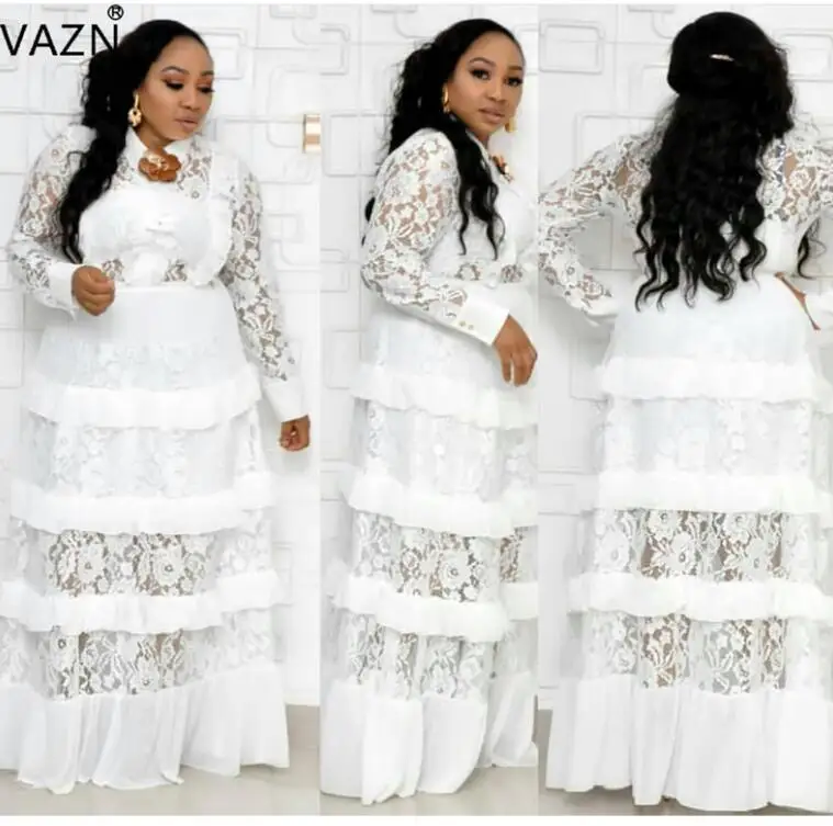 VAZN горячее сексуальное элегантное модное женское платье с круглым вырезом и длинным рукавом, кружевное праздничное бальное платье макси JN02 - Цвет: Белый