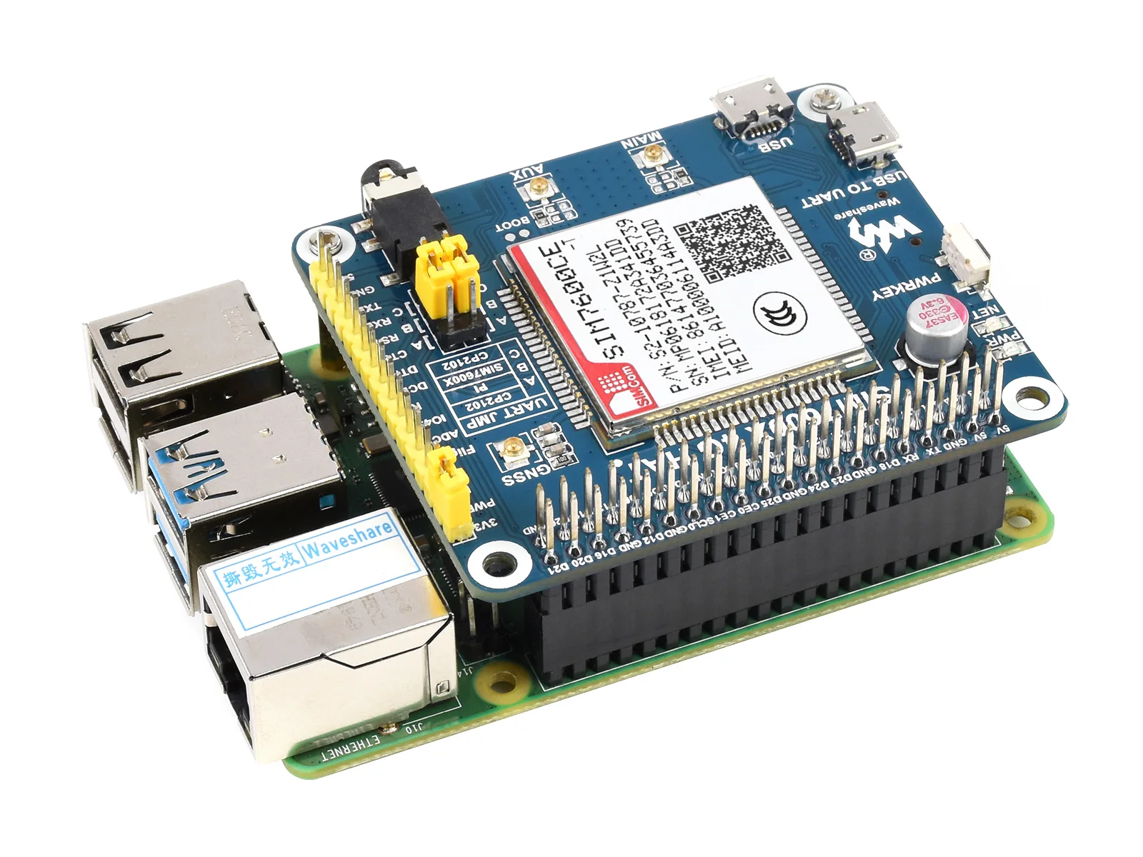 Waveshare  ̿ SIM7600CE 4G HAT, LTE Cat-4 4, 3G, 2G , GNSS Ŵ, ߱