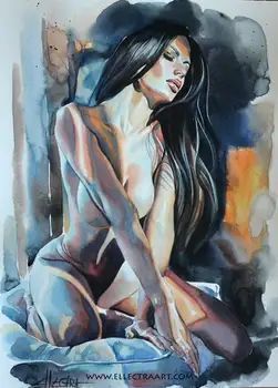 

100% Handpainted ART LARGE WATERCOLOR PAINTING BY ELLECTRA RED NUDE EROTIC