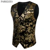 Mens Gold Metallic Paisley Printed Steampunk Vest Single Breasted V Neck Wedding Waistcoat Men Tuxedo Aristocrat Vests Gilet 2XL 1