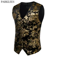 Mens Gold Metallic Paisley Printed Steampunk Vest Single Breasted V Neck Wedding Waistcoat Men Tuxedo Aristocrat Vests Gilet 2XL 1