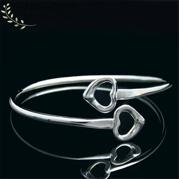 

Pure Silver 925 Bangle Bracelets for Women Double Heart Wrist Cuff Bangles Wristband Pulseira Femme Wedding Bridal Jewelry