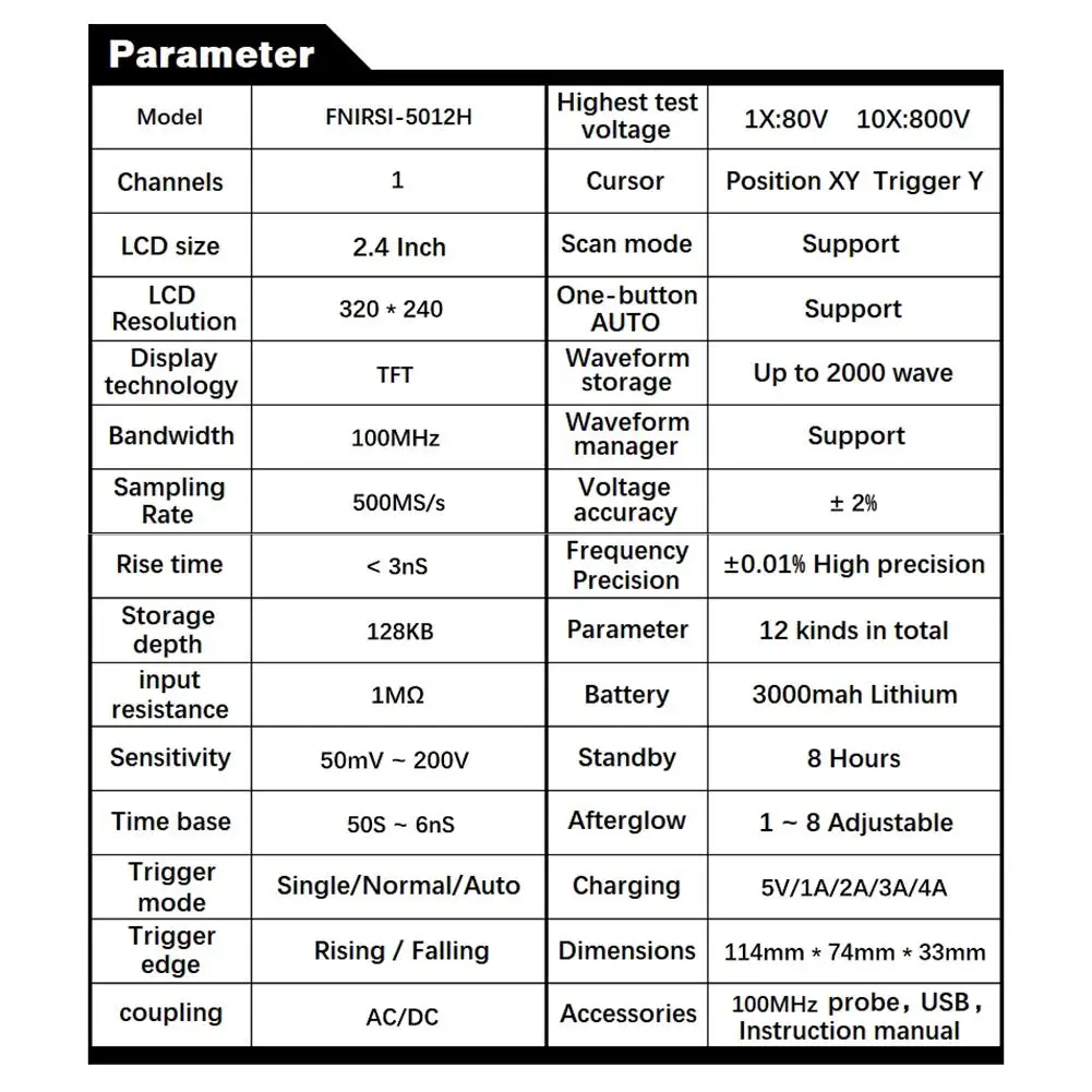 Portable Digital Oscilloscope 2.4-inch Screen 500 MS / S Sampling Rate 100MHz Analog Bandwidth Oscilloscope