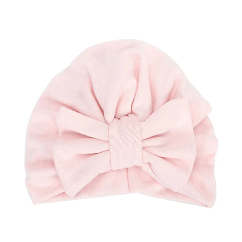 Pink baby hat Новая зимняя детская шапка для девочек с большим бантом, Осенняя детская шапка-тюрбан, реквизит для фотосессии, Младенческая шапочка, шапка для маленьких девочек, аксессуары, 12 цветов - Цвет: Pink baby hat