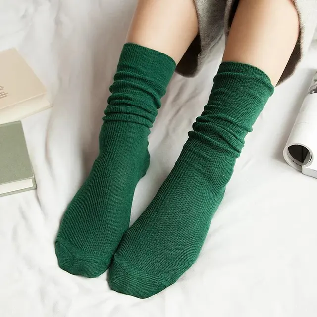 CHAOZHU  Japanese Korea High School Girls High Socks Loose Solid Colors Double Needles Knitting Cotton Long Socks Women green