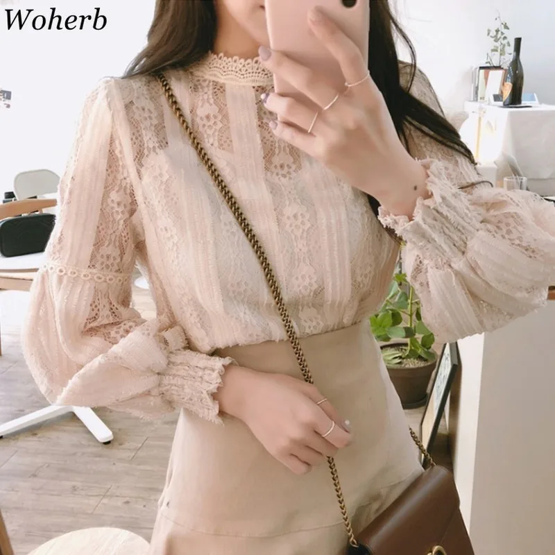 

Woherb Elegant Lace Shirts Korean Blouse Womens Tops and Blouses Lantern Sleeve Stand Collar Office Ladies Blusas Casual Top