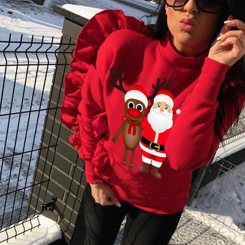 JAYCOSIA New Hot Fashion Blouses Women Ruffles Long Sleeve Loose Xmas Christmas Deer Print Pullover Blouse Top Clothing 1030
