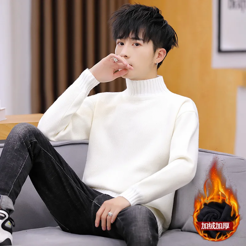 White Men Sweater Grey Black Bean Green Caramel Turtleneck with Velvet  Winter Leisure Fleece Pullovers Turtleneck Mens Sweaters