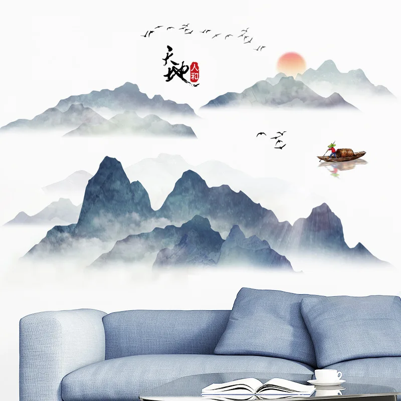 

Chinese Style Wall Stickers Ink Landscape Painting Living Room Background Wall Decoration Aesthetic Creative Wallpaper