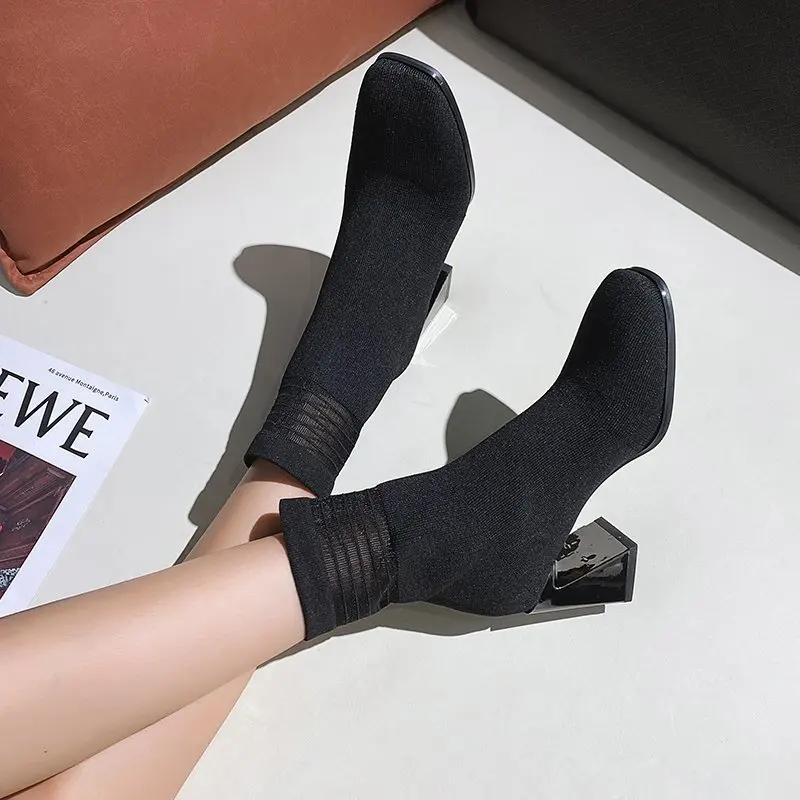 

Spring and autumn 2020 knitted thin boots middle cylinder thick heel square toe elastic boots high heel socks boots X564