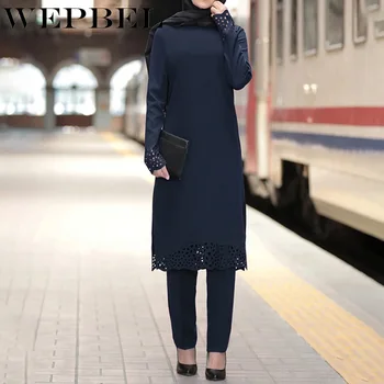 

WEPBEL Women's Fashion Hollow Out Suit Casual Long-Sleeved O-Neck Top + Straight Pants Suit Muslim Solid Color Two-Piece Suit