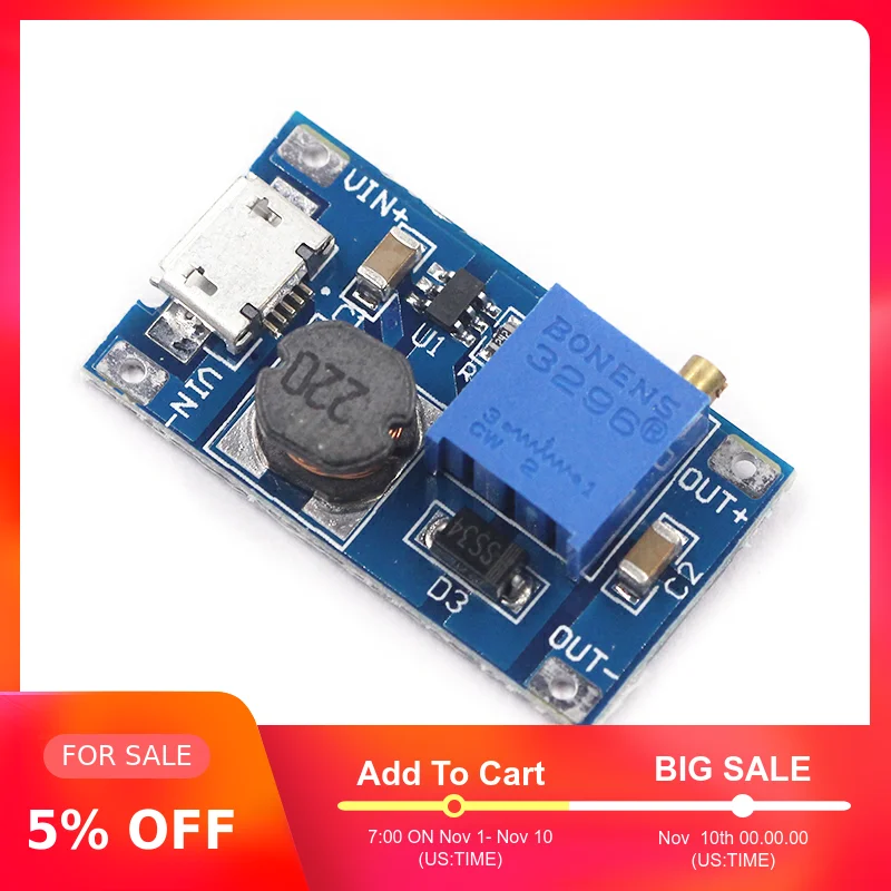 MT3608 DC регулируемый Повышающий Модуль 2A повышение пластина Step Up с MICRO USB 2 V 24 5V 9V 12V