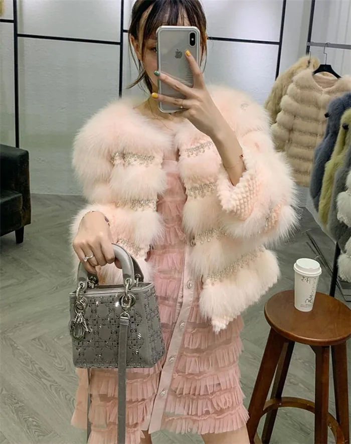 ZDFURS* зимняя женская одежда, женские зимние пальто и куртки из натурального Лисьего меха с блестящими бриллиантами и кисточками
