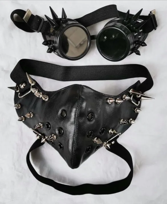 

long Rivet Black PU Leather Mask and glasses Fashion Punk Motorcycle Biker Cosplay Anti-Dust Rivet Sports Protective Mask