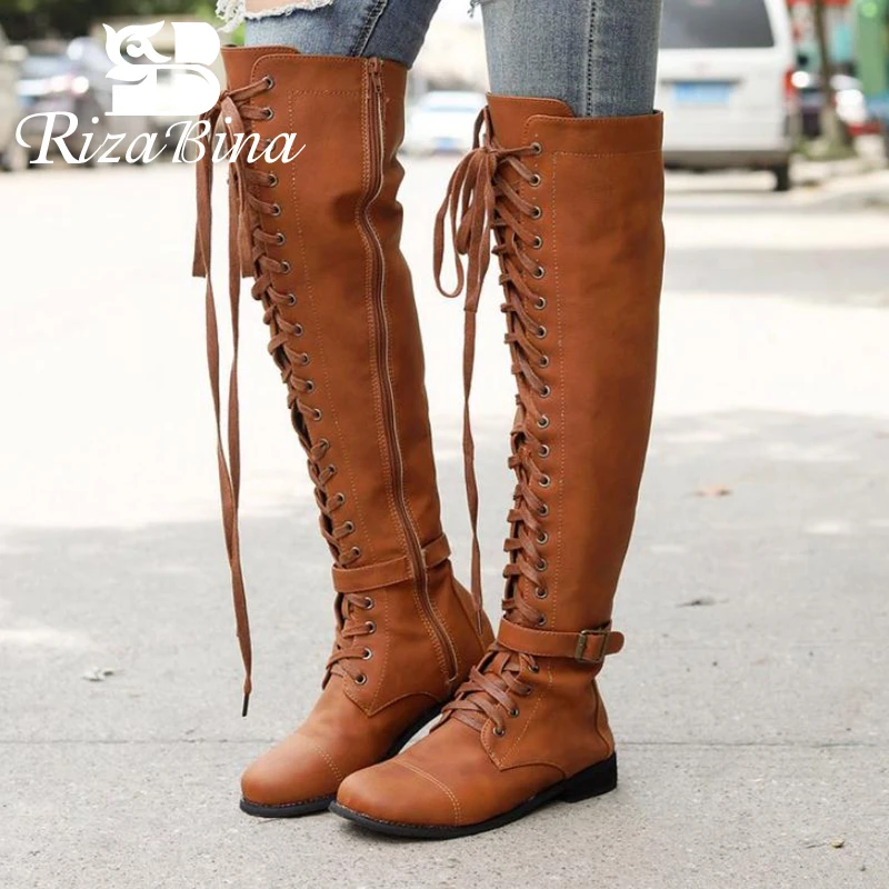 

RIZABINA Size 35-43 Women Over Knee Boots Fashion Zipper Cross Strap Winter Shoes Women Buckle Warm Long Boot Flats Footwear