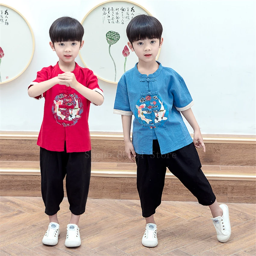 Summer Cotton Traditional Chinese Clothing for Kids Shirts Carp Vintage Top Pants Suit New Year Clothes Kung Fu Hanfu Men