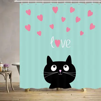 

Valentine's Day Shower Curtain, Cute Cat and Pink Red Heart Romantic Love Bath Curtains Set, Polyester Fabric Upgrade Bathroom