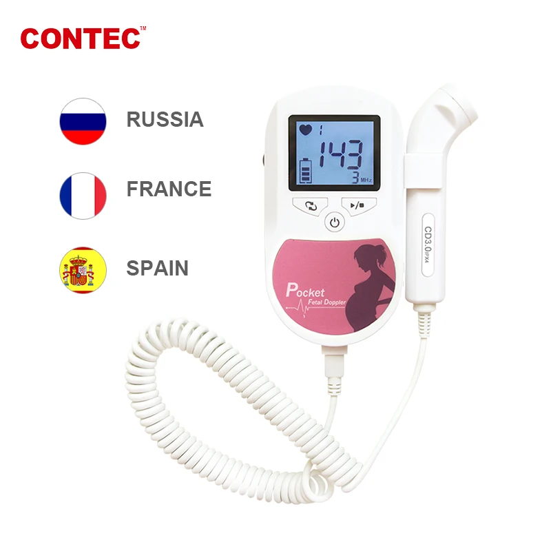 Free-Gel Probe Beat-Monitor Fetal Doppler CONTEC Heart 3mhz Lcd-Pink-Color Backlight