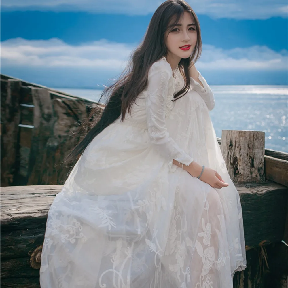 

Spring And Autumn New Style French Heavy Craft Embroidered Yarn Crochet Lace Dress Seaside Holiday Fairy Long Skirts Women's
