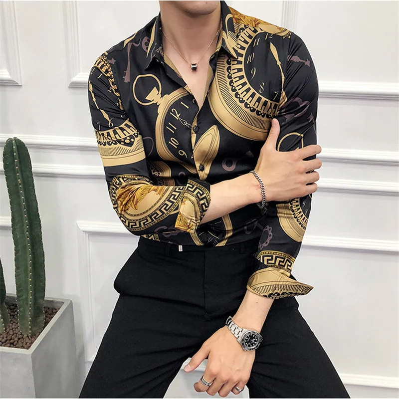 

Plus Size M-6XL Mens Vintage Print Long Sleeve Shirt Brand Clothing New Fashion Slim Fit Social Tuxedo Baroque Slim Party Shirt