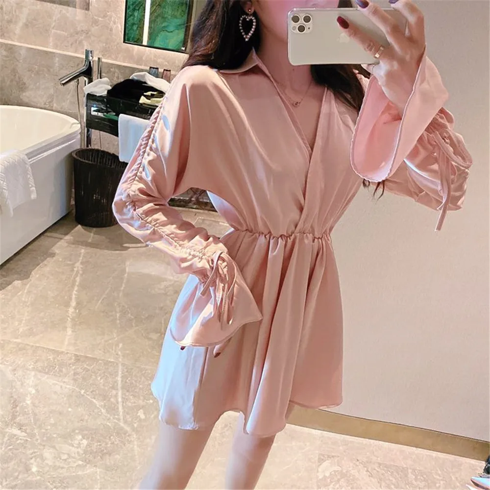Sexy Lady Goddess Smoothie Blouse High Waist Long Version Flare Sleeve Shirt Women Top Chemise Femme Chemisier Blusa Mujer