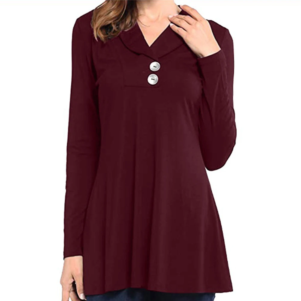 wine red Популярные женские осенние футболки однобортный v-образный вырез с длинными рукавами пуловер женские топы Pop 88 - Цвет: wine red