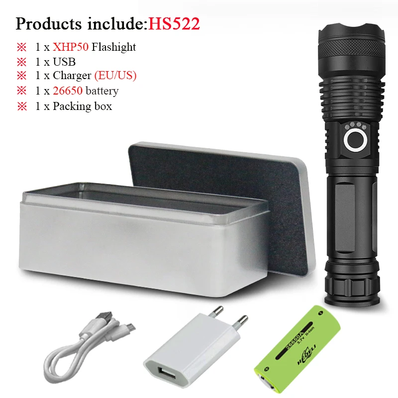 HS522D1-BOX Люменов XLamp xhp70.2 самый мощный светодиодный фонарик usb Zoom фонарь xhp70 xhp50 18650 или 26650 перезаряжаемый аккумулятор для охоты - Испускаемый цвет: HS522D1-BOX