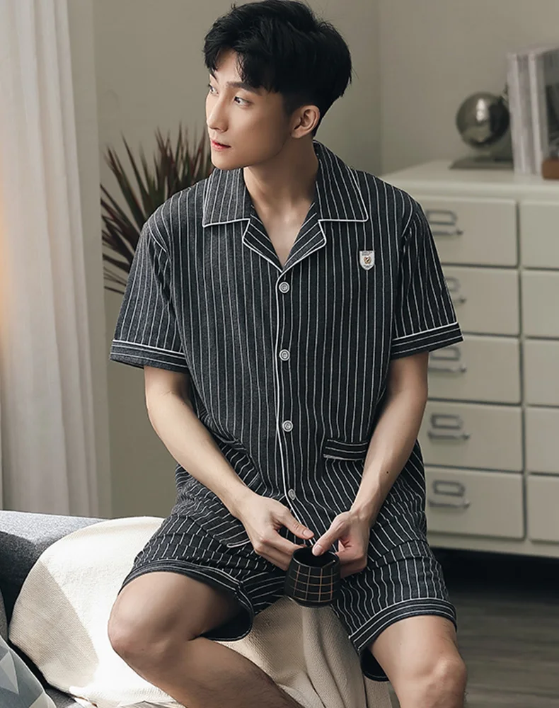 2021 Summer Pajamas Sets for Men 100% Cotton Pyjamas Striped Gray Sleepwear Pijama Hombre Short Sleeves&Pants Pajamas for Men