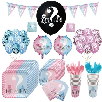 

Boy or Girl Theme Party Decoration Disposable Tableware Paper Cup Plate Banner Baby Shower Balloon Gender Reveal Party Supplies
