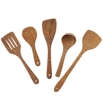 

5Pcs Wooden Kitchen Cooking Utensils Nonstick Spatulas Ladle Scoop Soup Spoon with Holes Chef Food Cookware Tools