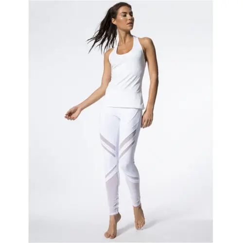 Для женщин Высокая талия Фитнес длинные однотонные белые леггинсы стрейч сетки лоскутное брюки